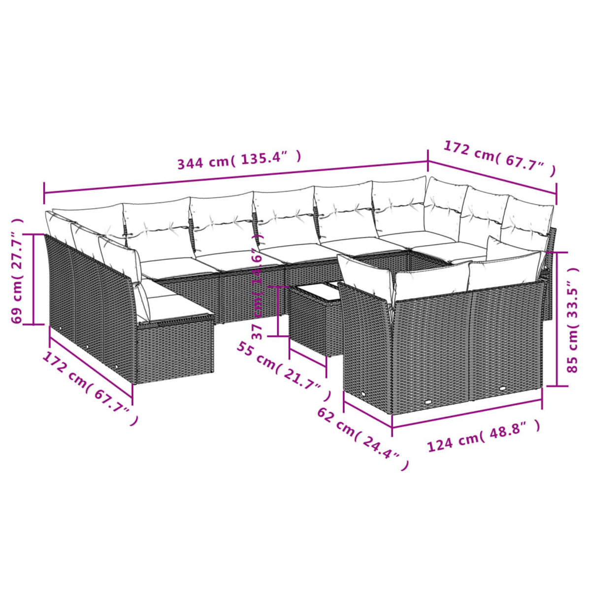 Divano componibile in rattan da esterno con dimensioni etichettate. Include cuscini e un tavolino.