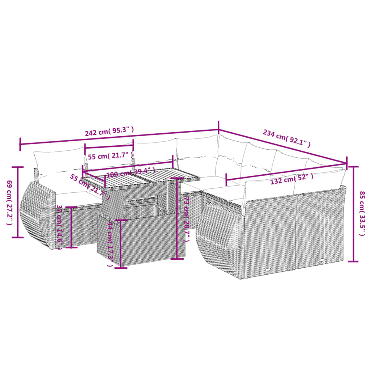 Ein geflochtenes Gartenmöbel-Set mit Maßangaben. Es hat ein Sofa, einen Tisch und Maße in cm und Zoll.