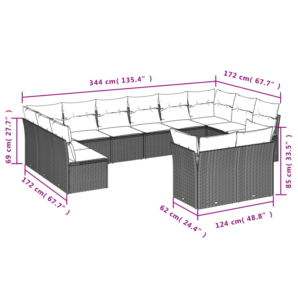 Ein großes, U-förmiges Outdoor-Sofa mit grauen gewebten Rahmen und weißen Kissen. Maße sind in cm und Zoll angegeben.