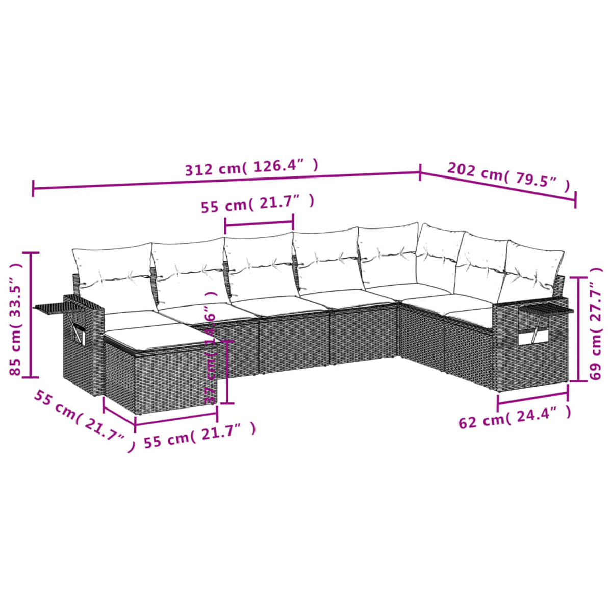 Ein Ecksofa für den Außenbereich mit Maßangaben. Es hat eine gewebte Textur, Kissen und Beistelltische. Maße sind angegeben.