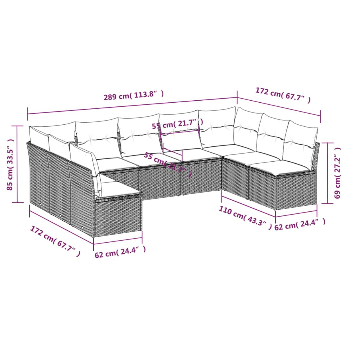 Diagramm eines U-förmigen Outdoor-Ecksofas mit Maßen. Das Sofa hat eine gewebte Textur, weiße Kissen und Maße in cm und Zoll.