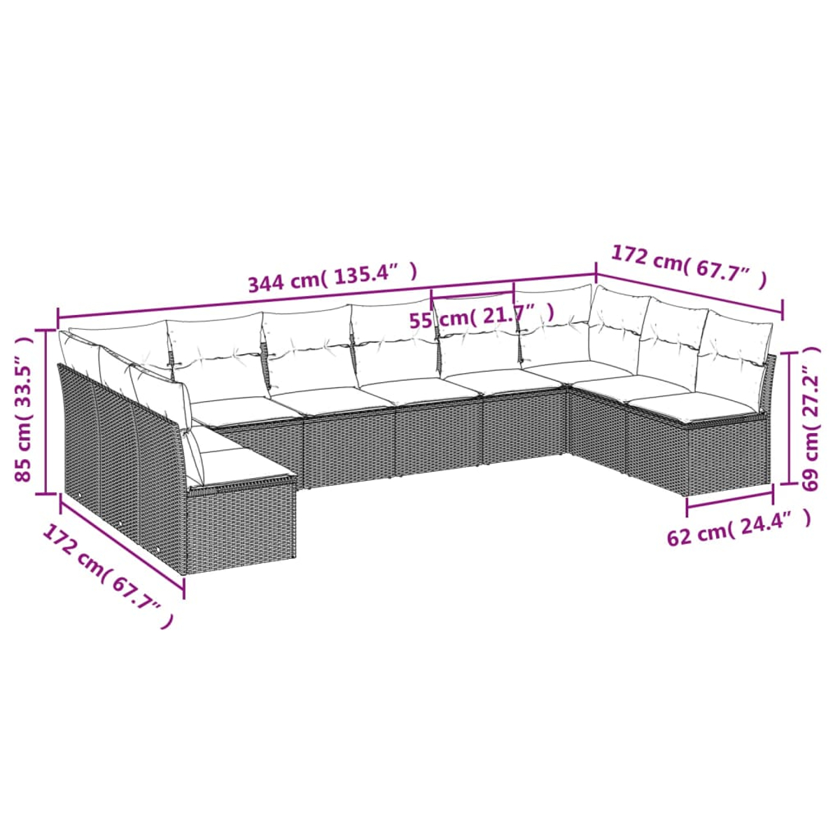Ein großes U-förmiges Outdoor-Sofa, graues Korbgeflecht mit weißen Kissen. Abmessungen sind in Zentimetern angegeben.