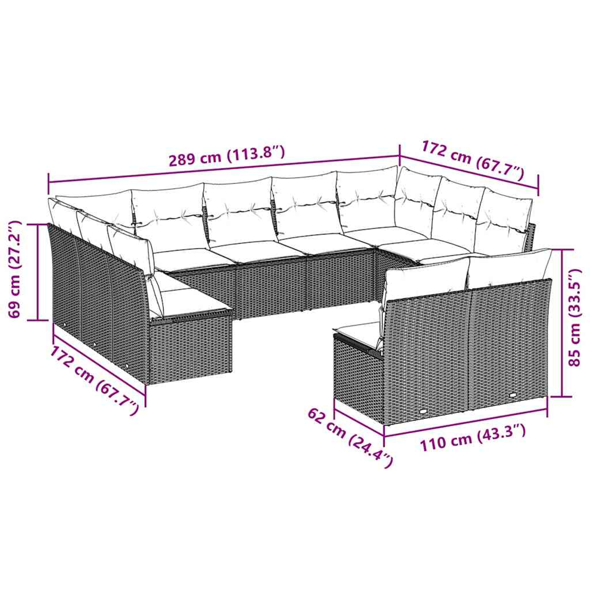 Ein Outdoor-Rattan-Sofaset mit Maßangaben. Es umfasst ein großes Ecksofa und einen Einzelsessel, beide mit Kissen.
