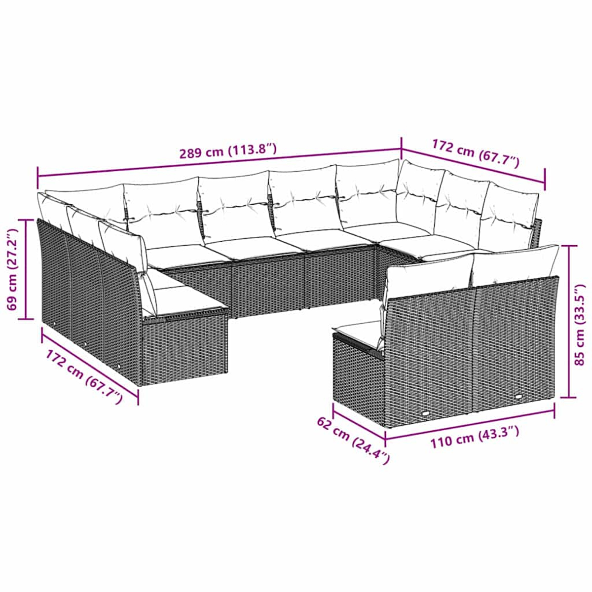Ein Ecksofa für den Außenbereich aus dunklem Korbgeflecht. Das Sofa hat helle Kissen und ist mit Abmessungen in cm und Zoll versehen.