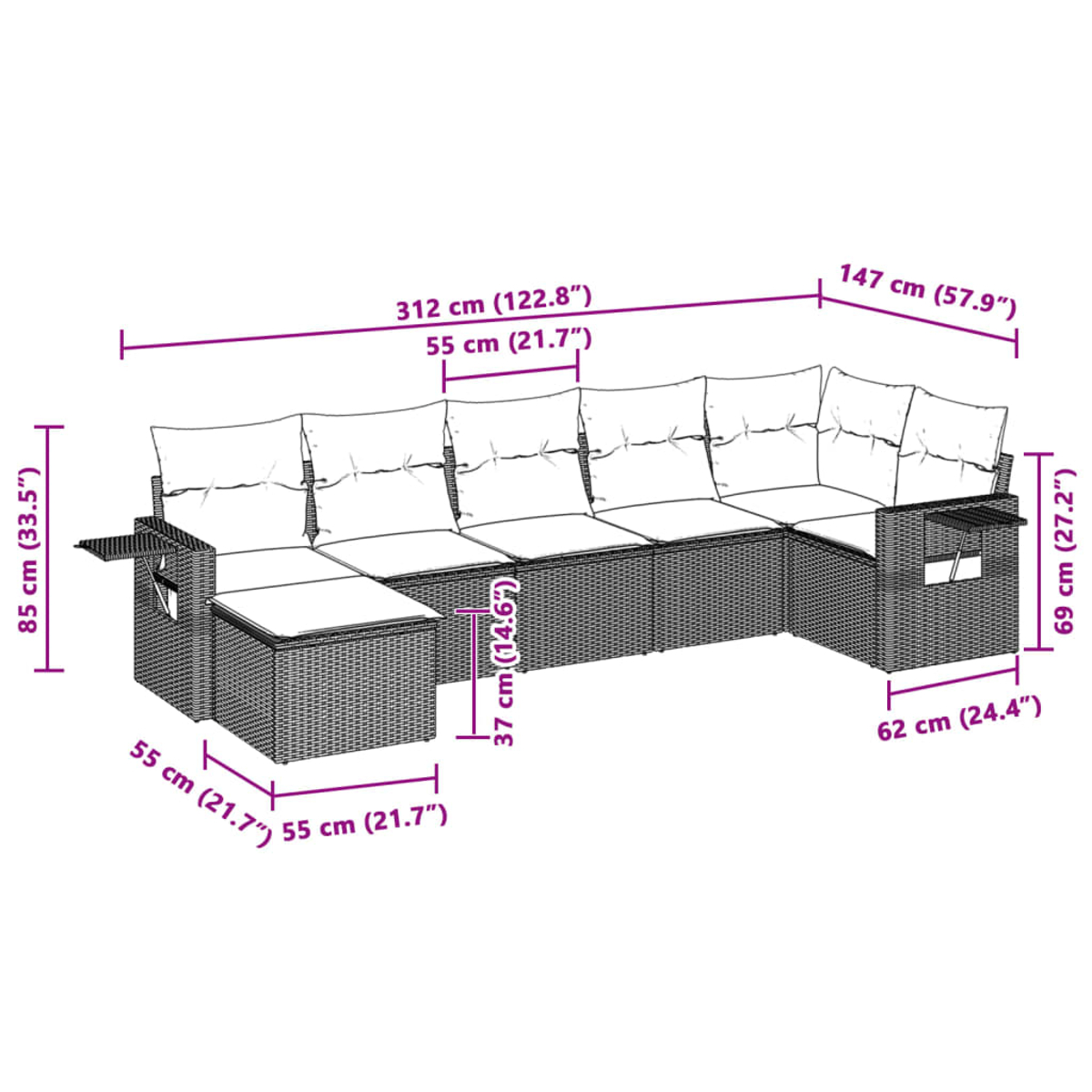 Geflochtenes Outdoor-Ecksofa mit Abmessungen. Enthält Kissen, Beistelltische und Maße in cm und Zoll.