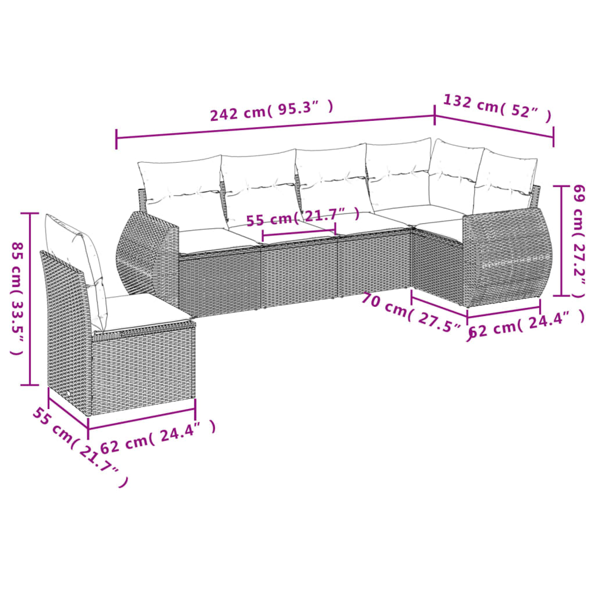 Outdoor-Korbmöbel-Set mit Kissen, Abmessungen in cm und Zoll angegeben. Enthält einen Stuhl und ein großes Ecksofa.