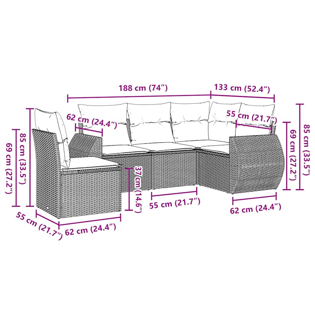 Ein geflochtenes Outdoor-Ecksofa mit Maßangaben. Es hat Kissen und Armlehnen. Maße sind in cm und Zoll angegeben.