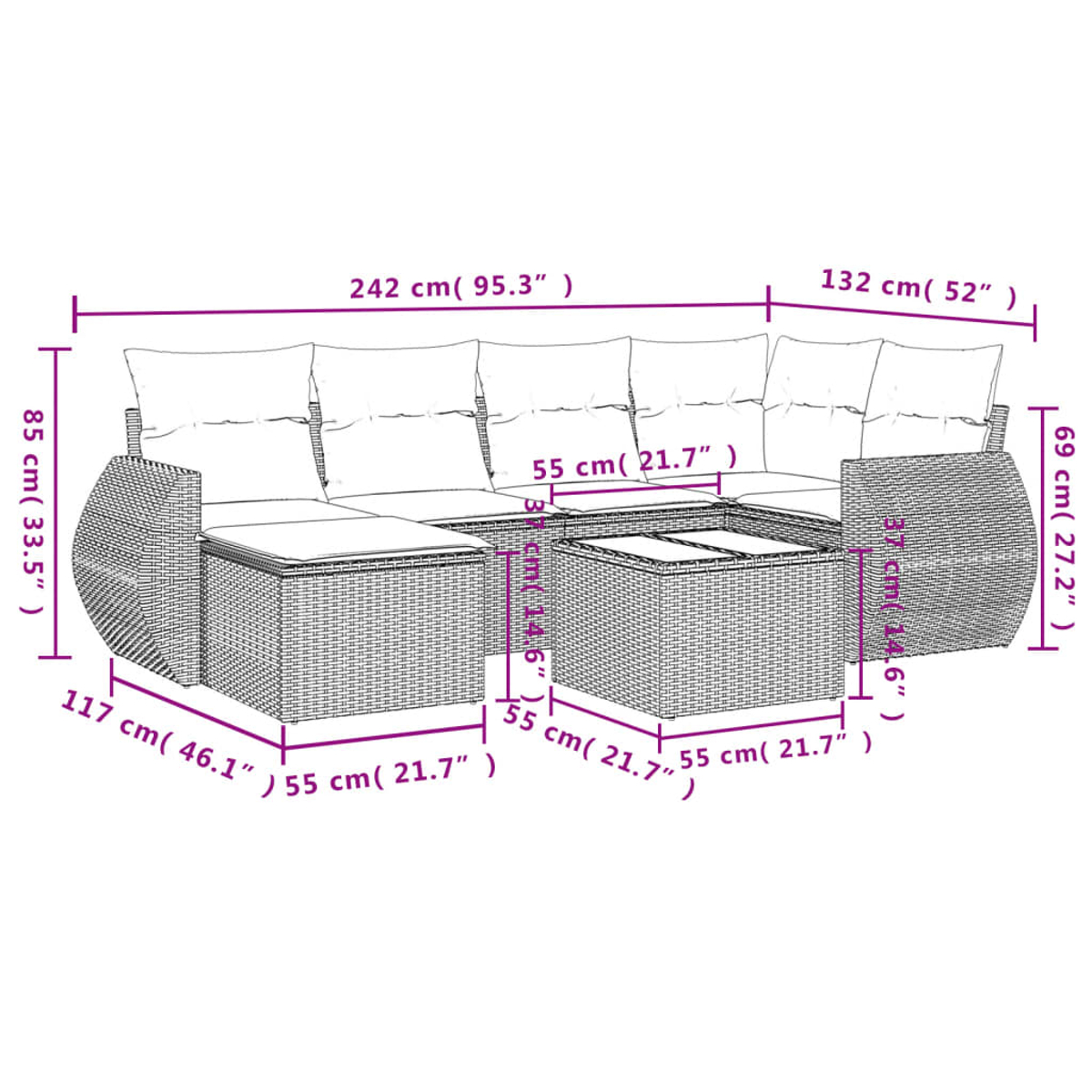Un divano componibile da esterno in vimini con dimensioni indicate in cm e pollici è mostrato. Include cuscini e un tavolino.