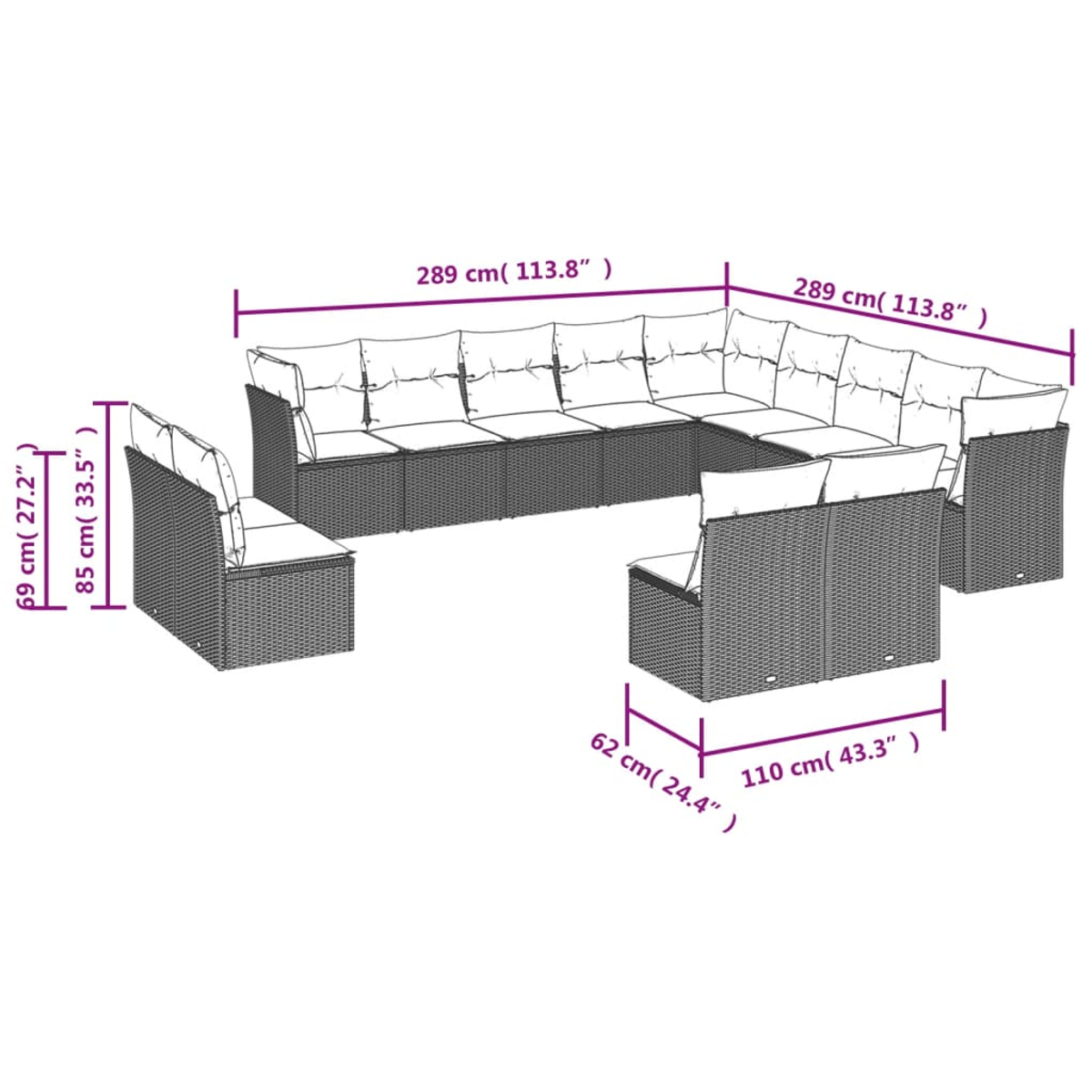 Ein Ecksofa-Set für den Außenbereich mit Kissen. Abmessungen sind beschriftet. Das Set ist dunkel und besteht aus gewebtem Material. Weißer Hintergrund.
