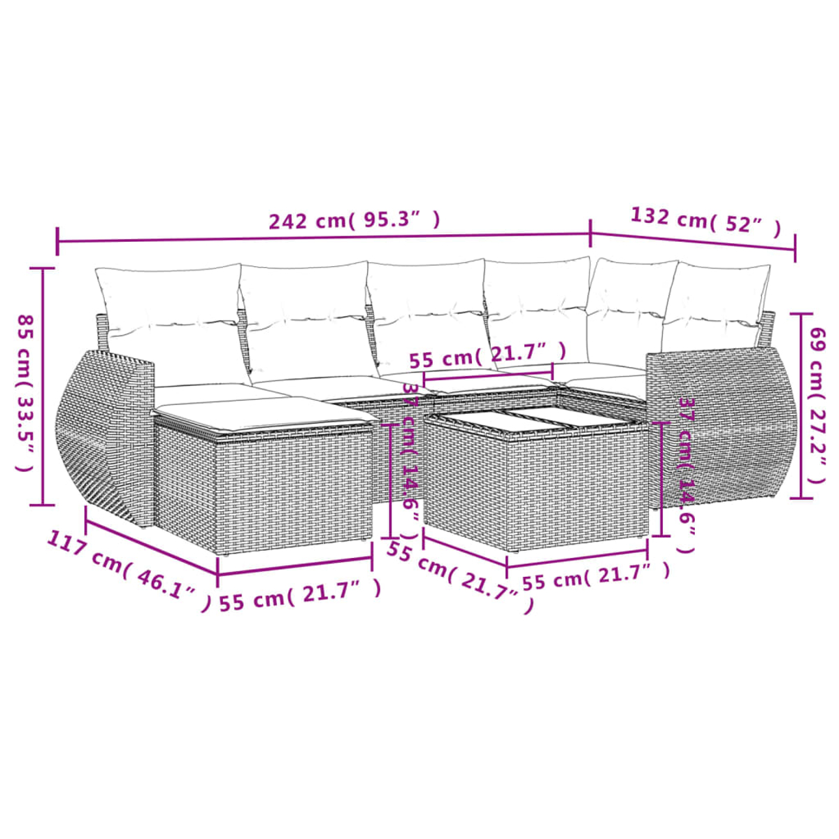 Ein Outdoor-Sofagarnitur aus Korbgeflecht mit Abmessungen in Zentimetern und Zoll. Es umfasst ein Sofa, eine Fußstütze und einen Tisch.