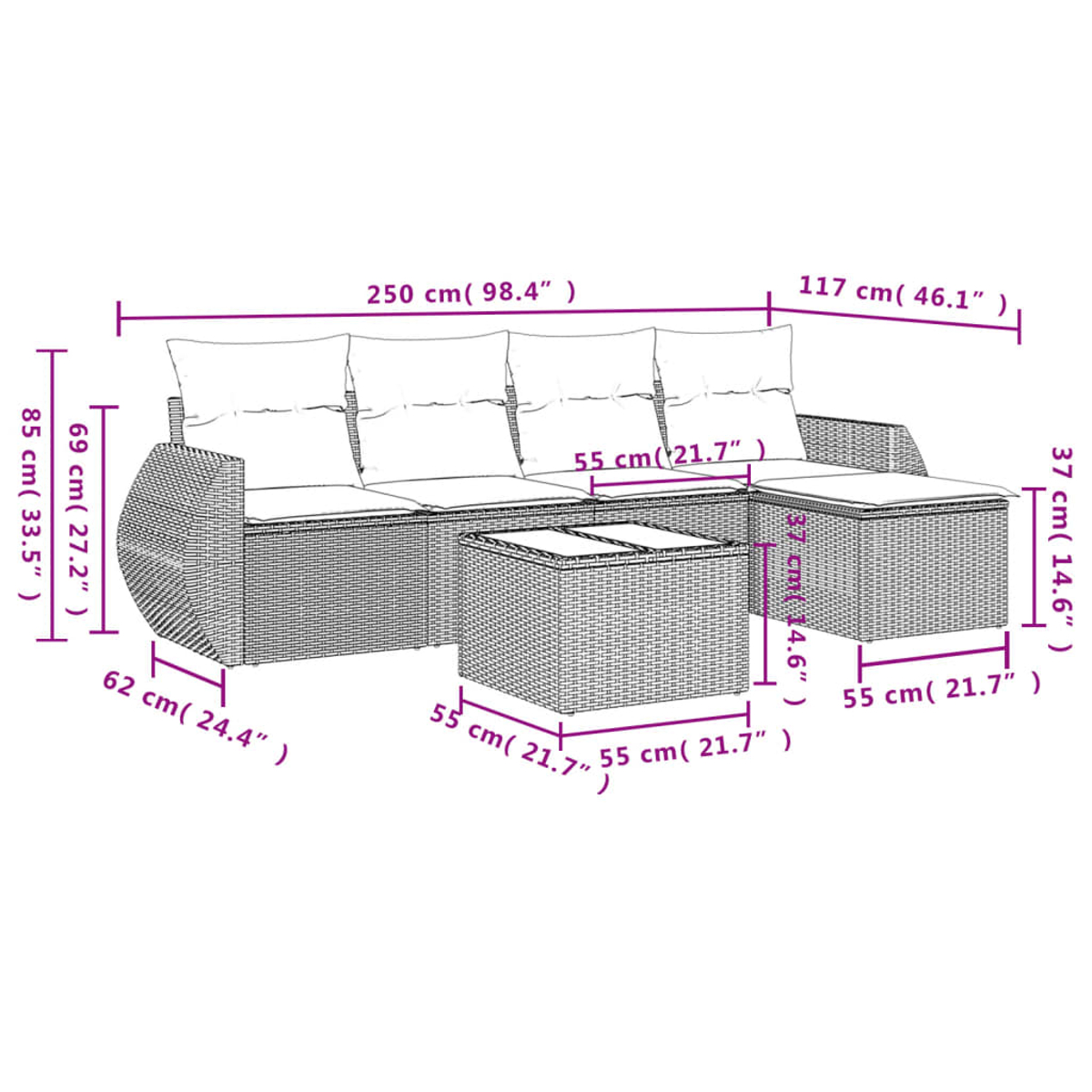 Ein Korbmöbel-Set mit beschrifteten Abmessungen. Es hat ein langes Sofa, eine Fußstütze und einen quadratischen Couchtisch. Alle Maße sind angegeben.