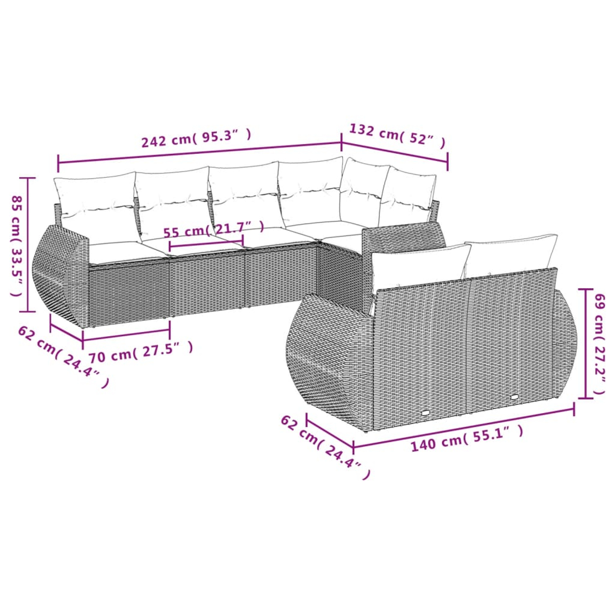 Diagramma di un divano componibile in rattan con dimensioni in cm e pollici. Include una sezione lunga e un pezzo angolare più corto.