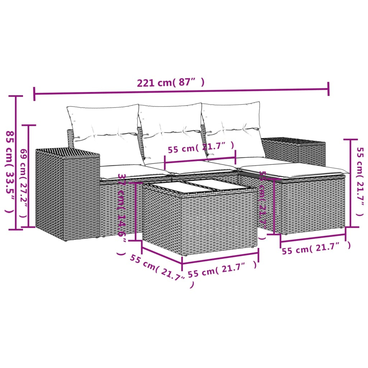 Ein aus Weidengeflecht gefertigtes Outdoor-Sofaset mit Maßangaben. Enthält ein Dreisitzer-Sofa, zwei Ottomanen und einen Couchtisch. Maße sind angegeben.