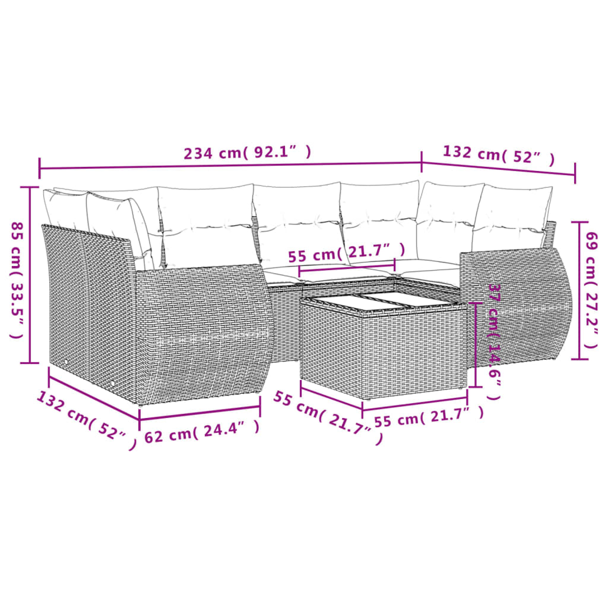 Diagramma di un divano angolare in vimini con dimensioni. Il divano ha cuscini e un tavolino abbinato, il tutto in colore marrone chiaro.