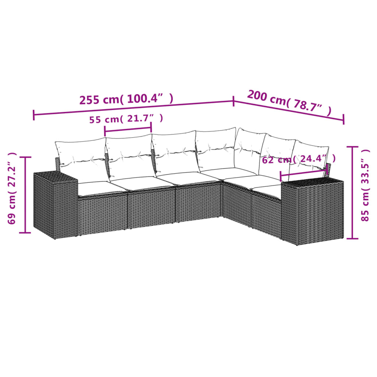 Ein L-förmiges Outdoor-Wicker-Sofa mit weißen Kissen. Abmessungen sind in cm und Zoll angegeben.