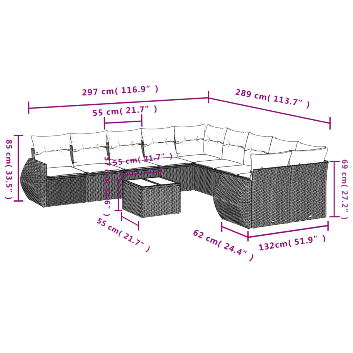Ein Ecksofa und ein Couchtisch für den Außenbereich sind abgebildet. Die Abmessungen sind angegeben. Das Sofa ist dunkelbraun mit weißen Kissen.