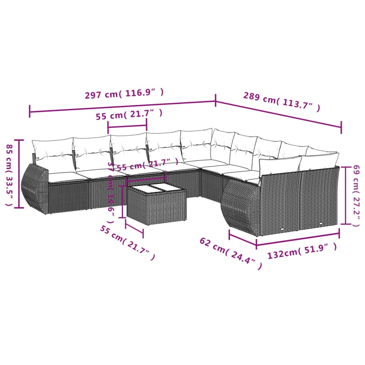 Un set di divani componibili da esterno con dimensioni indicate in viola. Include un tavolino e cuscini.