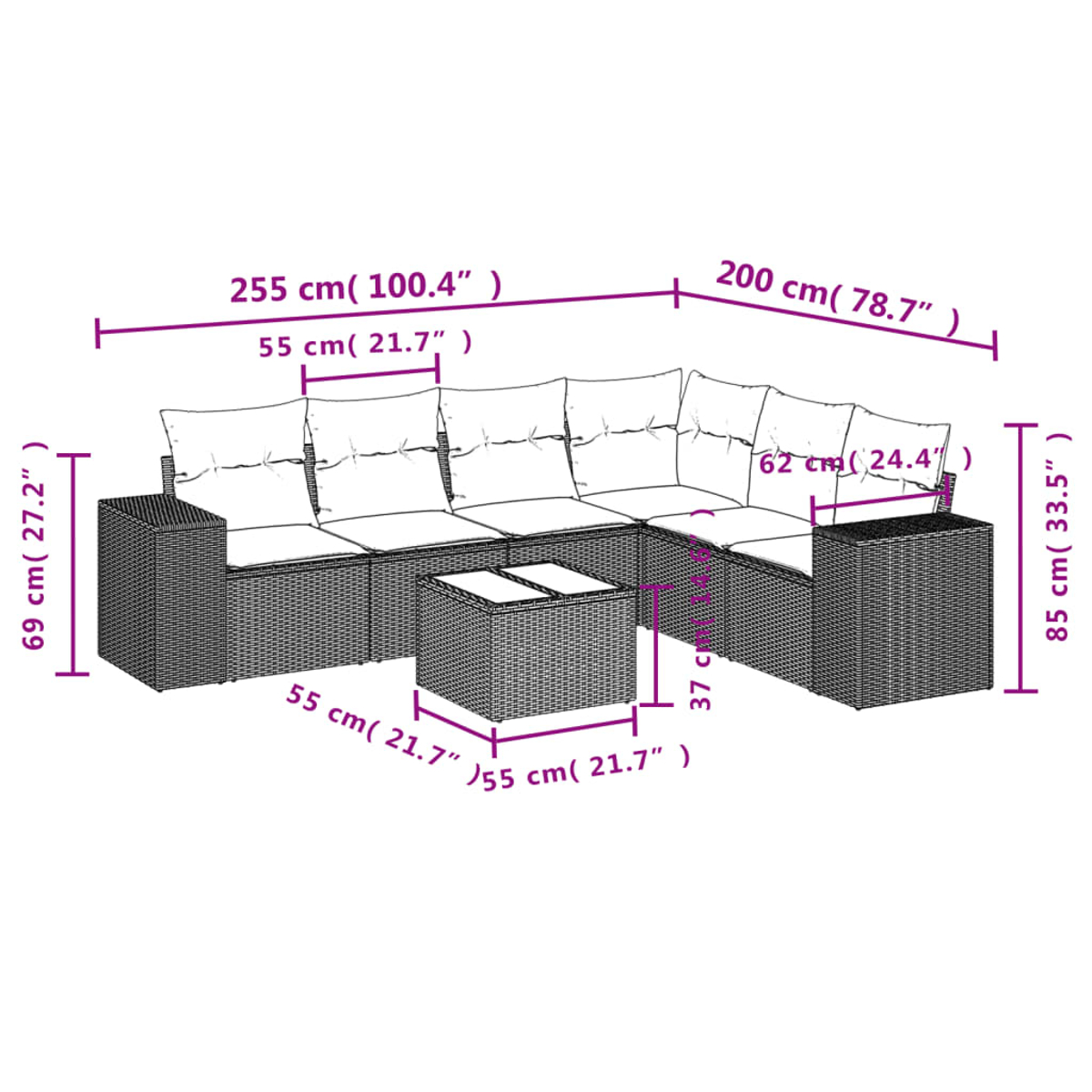 Divano componibile da esterno con dimensioni indicate. Include cuscini, tavolino e tavolini. Misure in cm e pollici.