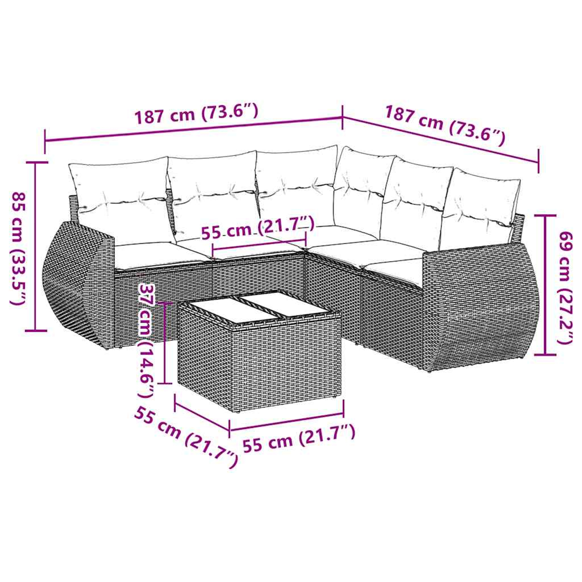 Ein Ecksofa für den Außenbereich und ein kleiner Tisch werden gezeigt. Die Abmessungen sind in cm und Zoll angegeben.