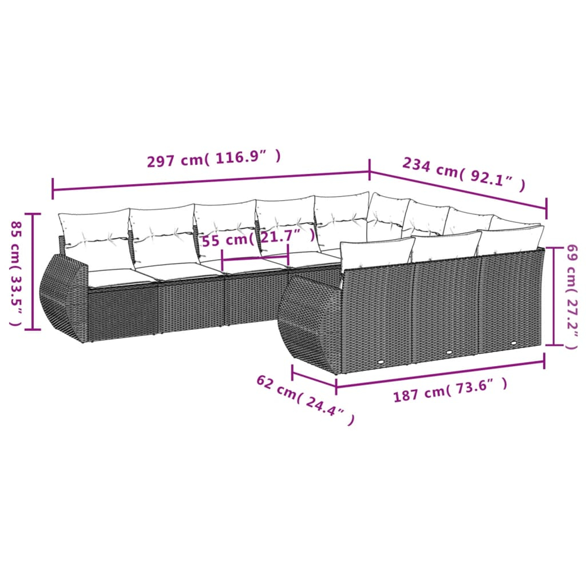 Diagramma di un grande divano componibile marrone in stile vimini con dimensioni etichettate in centimetri e pollici.