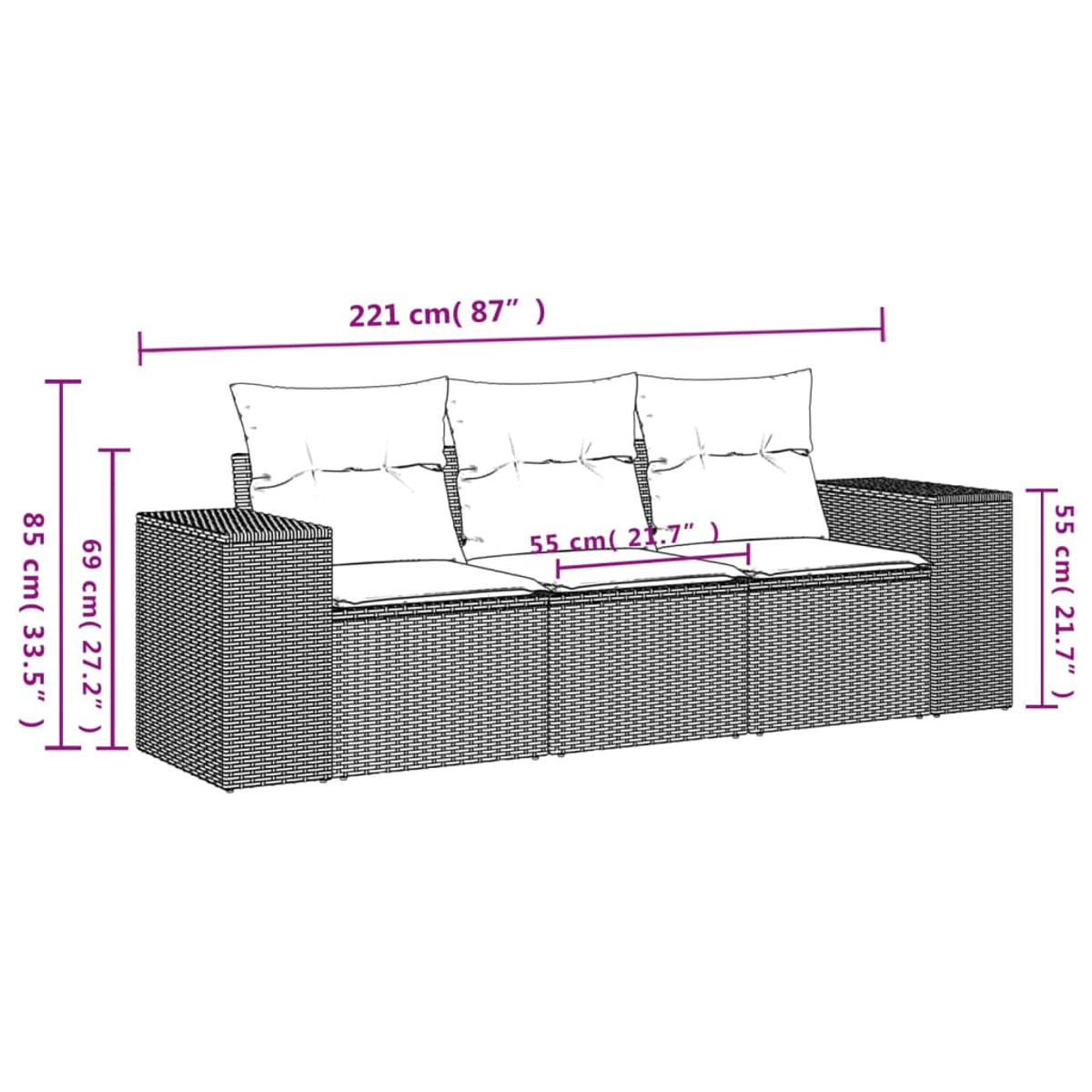 Ein dreisitziges Korbmöbelsofa mit weißen Kissen wird gezeigt. Abmessungen sind angegeben, die Breite und Höhe in cm und Zoll zeigen.