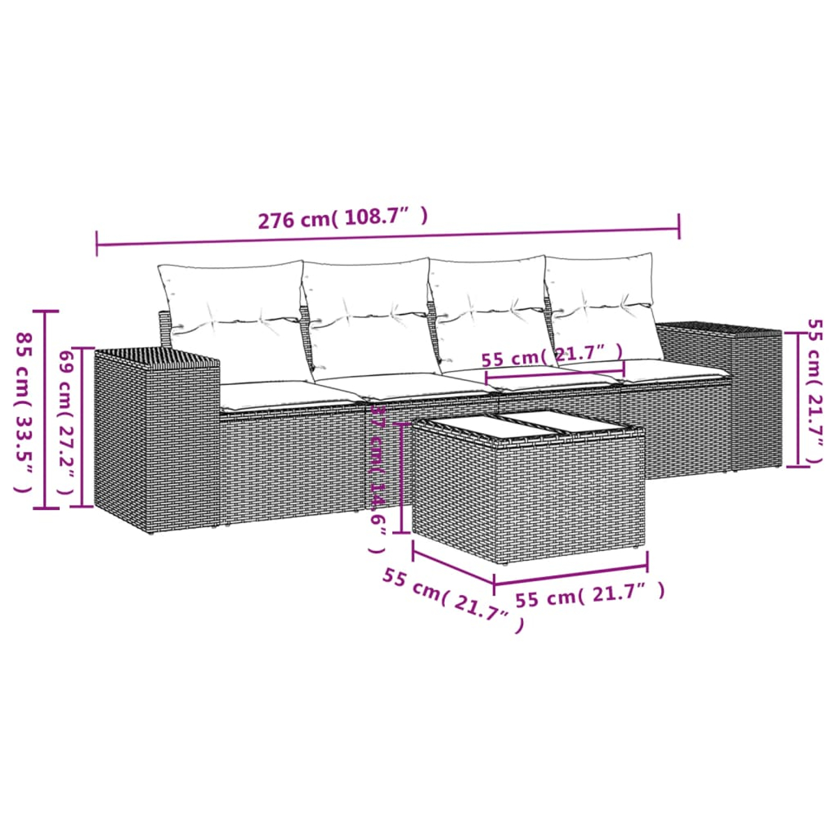 Ein Sofa-Set im Wicker-Stil mit Größenangaben. Enthält ein großes Sofa und einen quadratischen Couchtisch, alles in hellbrauner Farbe.