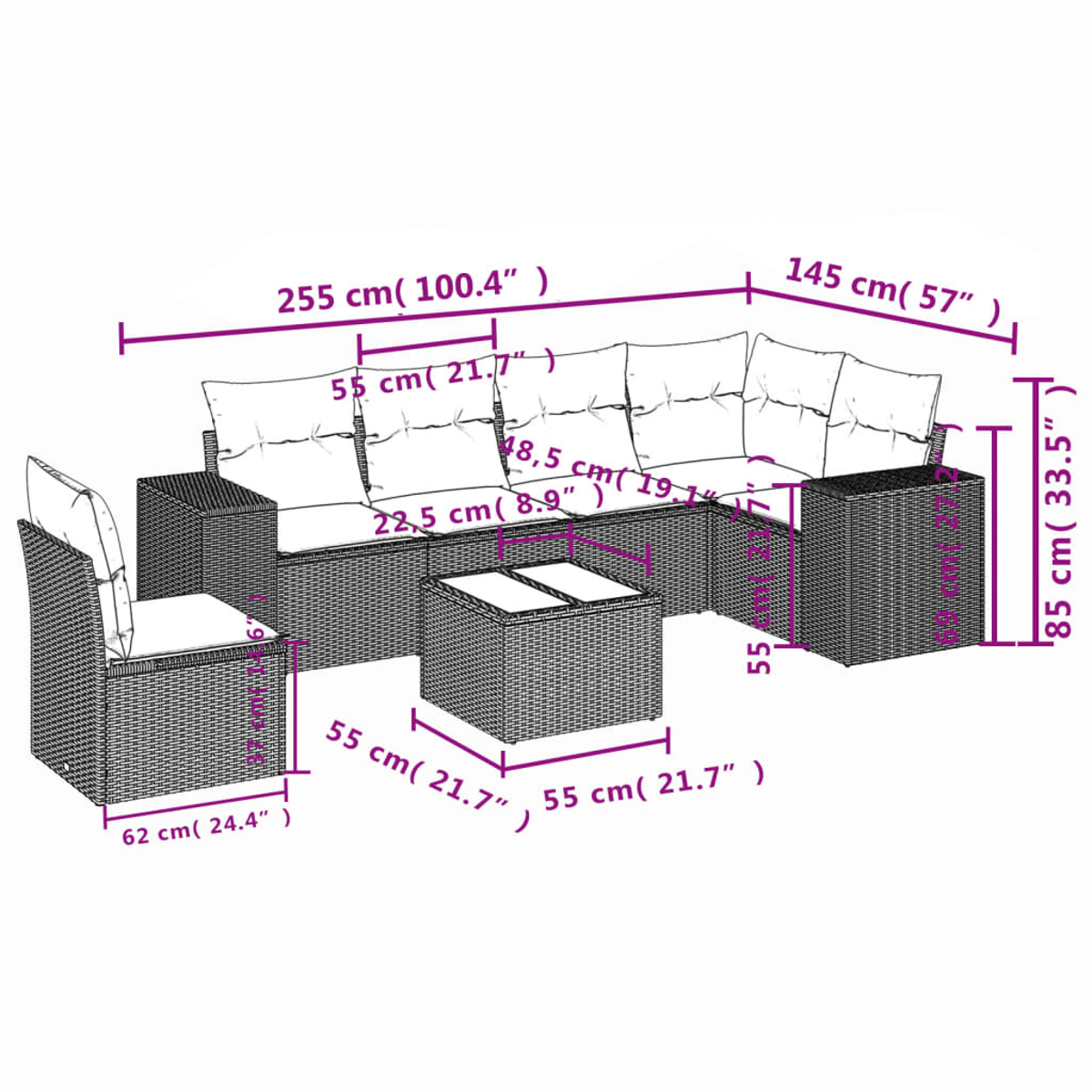 Ein geflochtenes Outdoor-Sofaset wird gezeigt. Es umfasst ein Ecksofa, einen Sessel und einen Couchtisch. Abmessungen werden angezeigt.