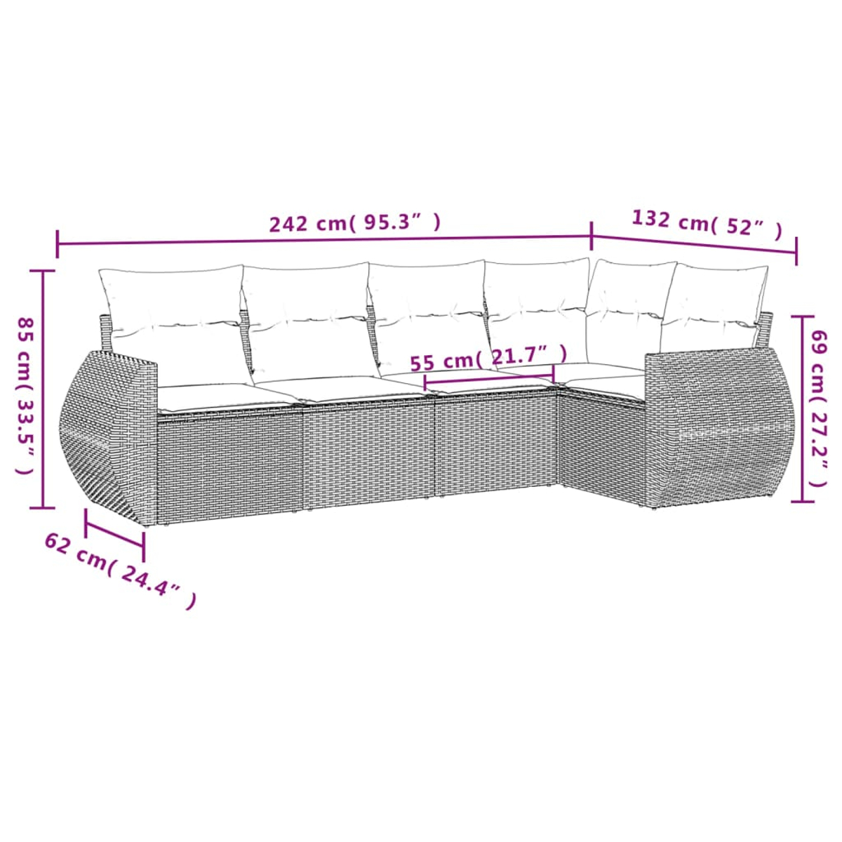 Un divano ad angolo in rattan con dimensioni etichettate, inclusa altezza e larghezza. Cuscini sui sedili e schienali.