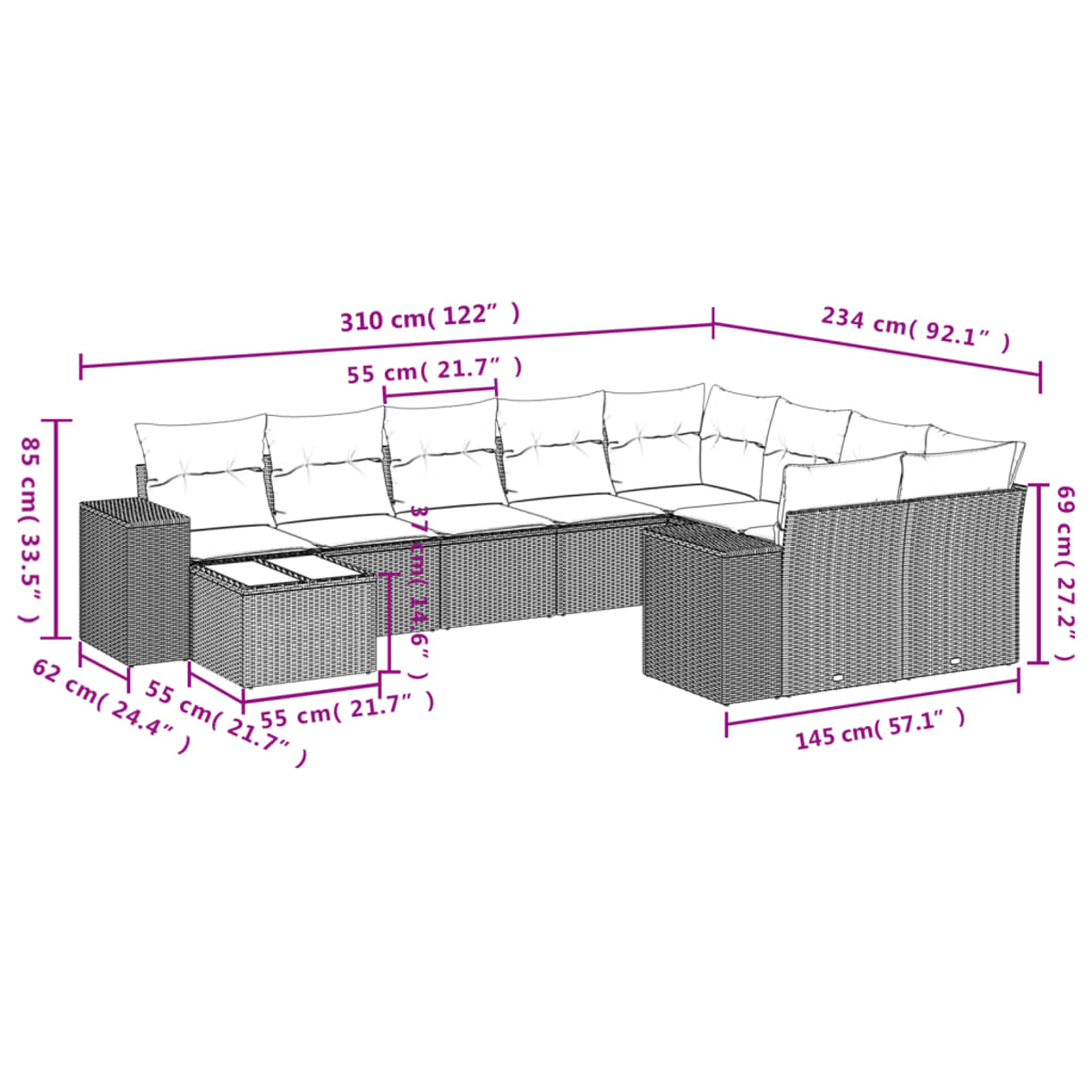 Ein Outdoor-Ecksofa mit Abmessungen in Zentimetern und Zoll, einschließlich Kissen und einem kleinen Tisch.