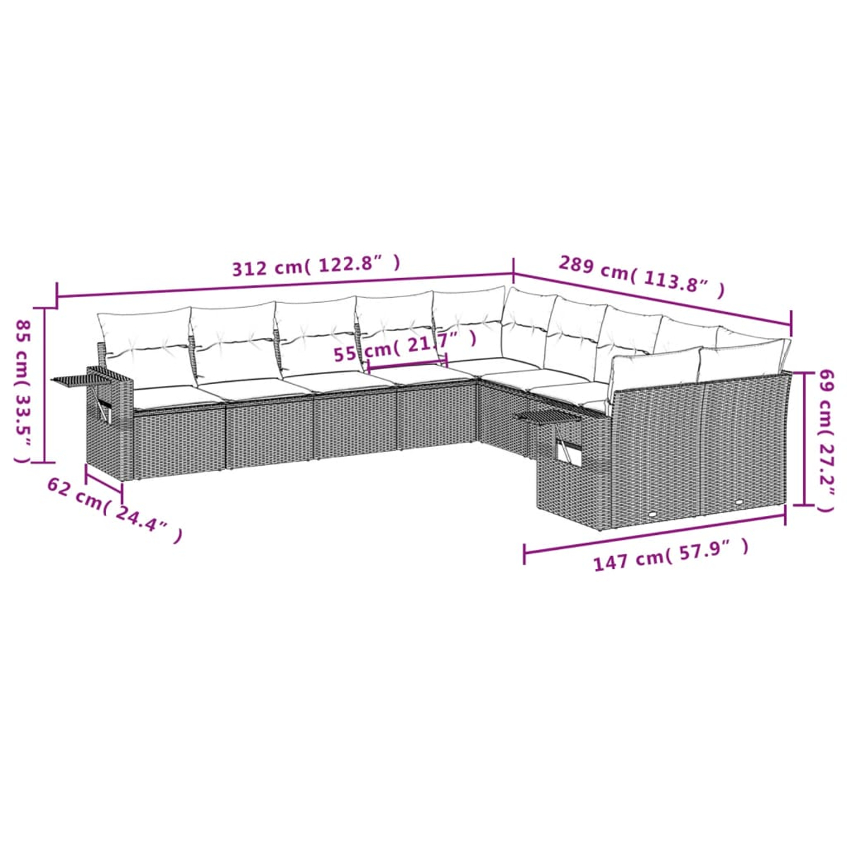 Ein L-förmiges Outdoor-Sofa mit weißen Kissen. Abmessungen sind in cm und Zoll angegeben, was die Größenangaben zeigt.
