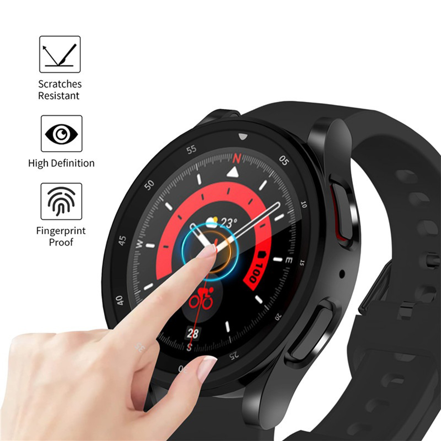 Ein Finger berührt den Bildschirm einer Smartwatch. Die Uhr zeigt Zeit, Temperatur und andere Metriken an. Die Uhr ist schwarz.