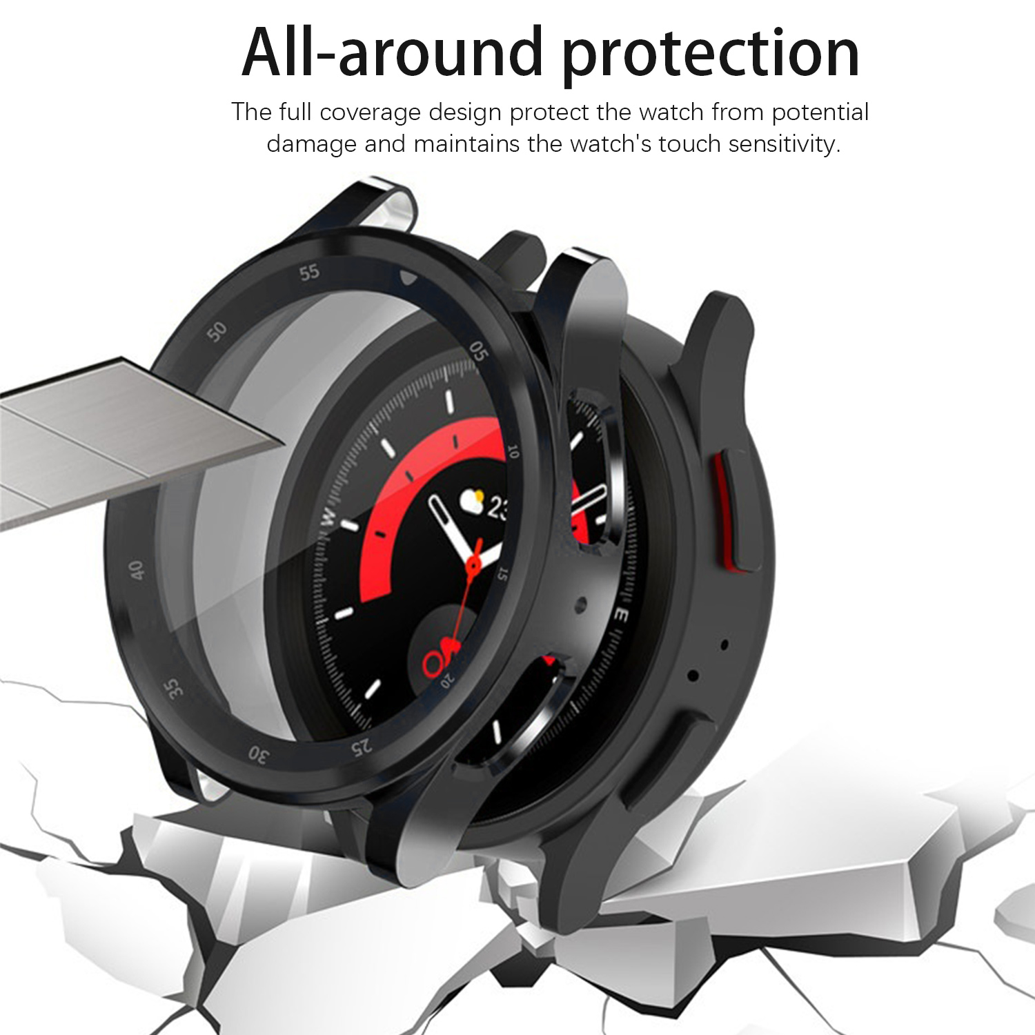 Eine schwarze Smartwatch mit Schutzhülle wird gezeigt. Das Zifferblatt zeigt die Uhrzeit. Der Hintergrund zeigt eine zerbrochene weiße Oberfläche.