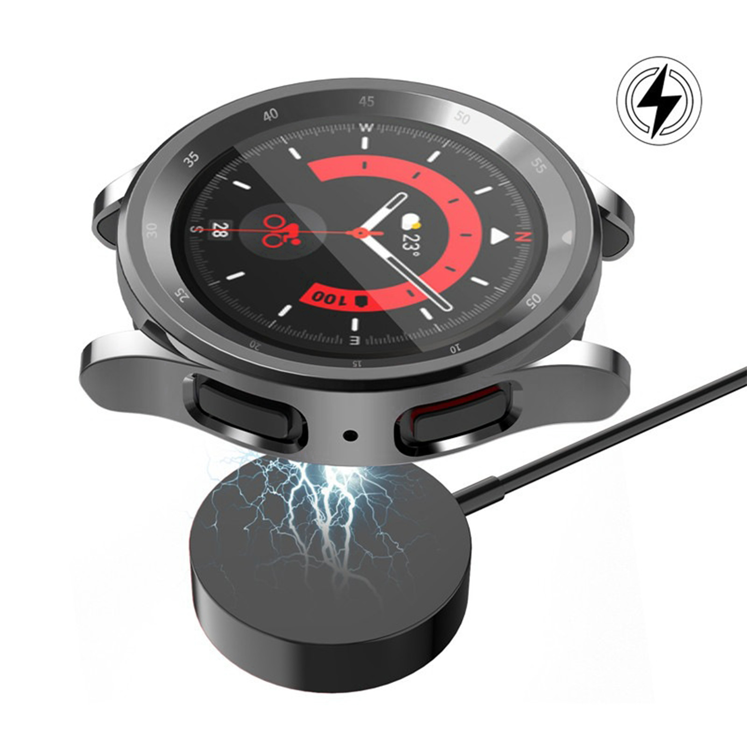 Eine Smartwatch liegt auf einer Ladestation. Das Zifferblatt zeigt die Zeit, und die Ladestation hat eine Blitzgrafik.