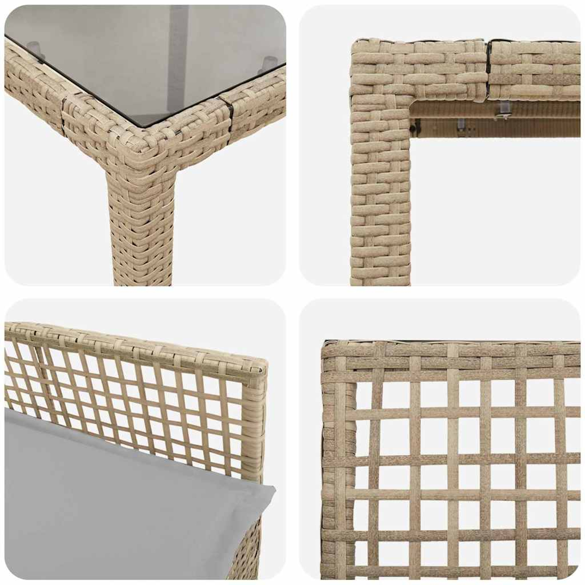 Nahaufnahmen von Korbmöbeln. Gezeigt werden ein Tisch mit Glasplatte, ein Stuhlgestell und ein Kissen. Das Korbgeflecht ist beige-braun.