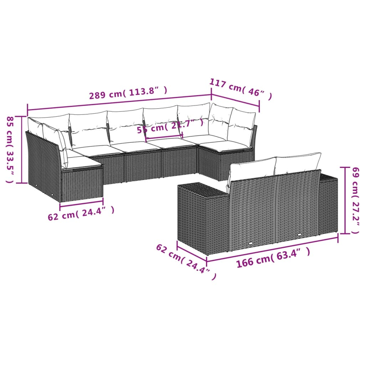 Diagramma di un divano angolare in rattan nero con dimensioni in cm e pollici. Include cuscini e un divano separato.