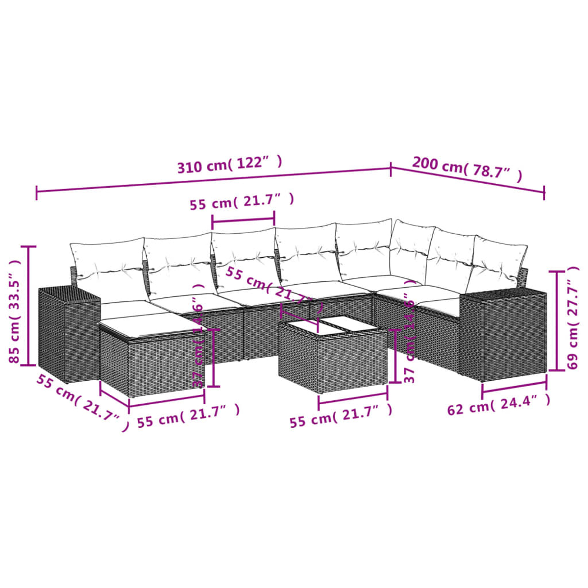 Ein Ecksofa für den Außenbereich mit Maßangaben. Es hat gewebtes dunkelgraues Material, weiße Kissen und einen passenden Couchtisch.