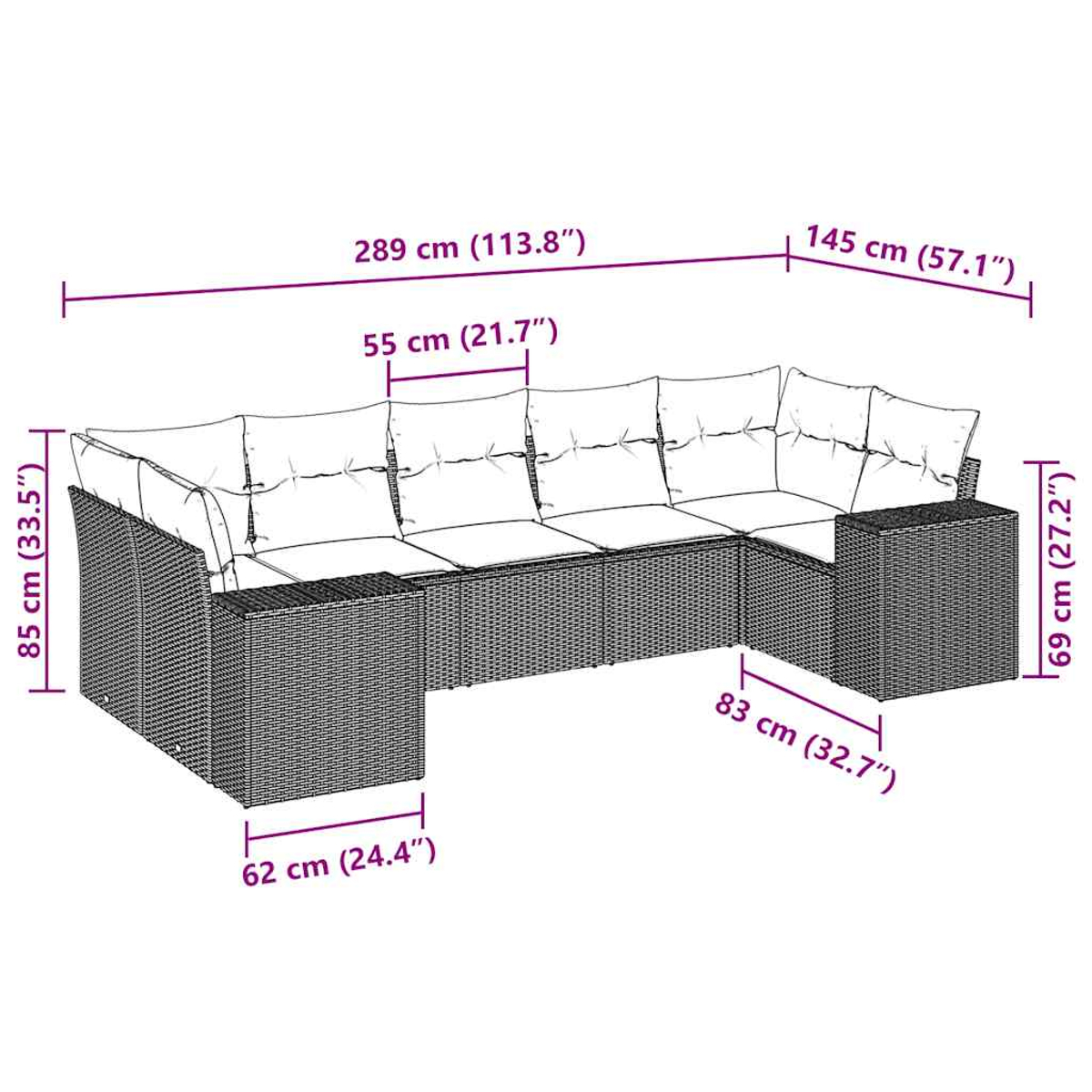 Ein Ecksofa mit beschrifteten Maßen. Die Maße sind in Zentimetern und Zoll angegeben. Das Sofa hat helle Kissen und dunkles Korbgeflecht.