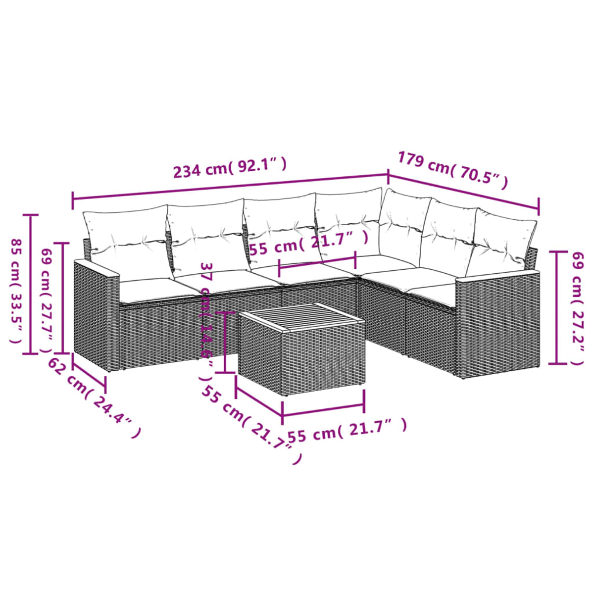 Un diagrama muestra un sofá seccional y una mesa cuadrada con dimensiones. El sofá es marrón oscuro con cojines claros.