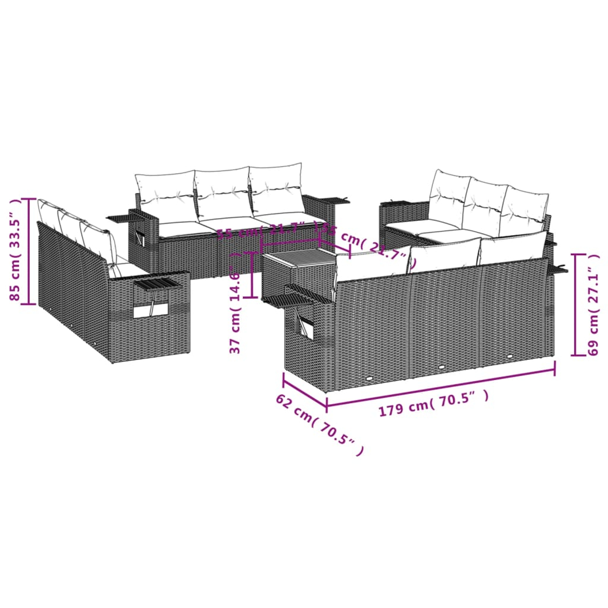 Rattan-Sofa-Set für den Außenbereich mit Maßen. Enthält zwei Sofas, ein Zweisitzer und einen Tisch. Weiße Kissen auf den Sitzen.