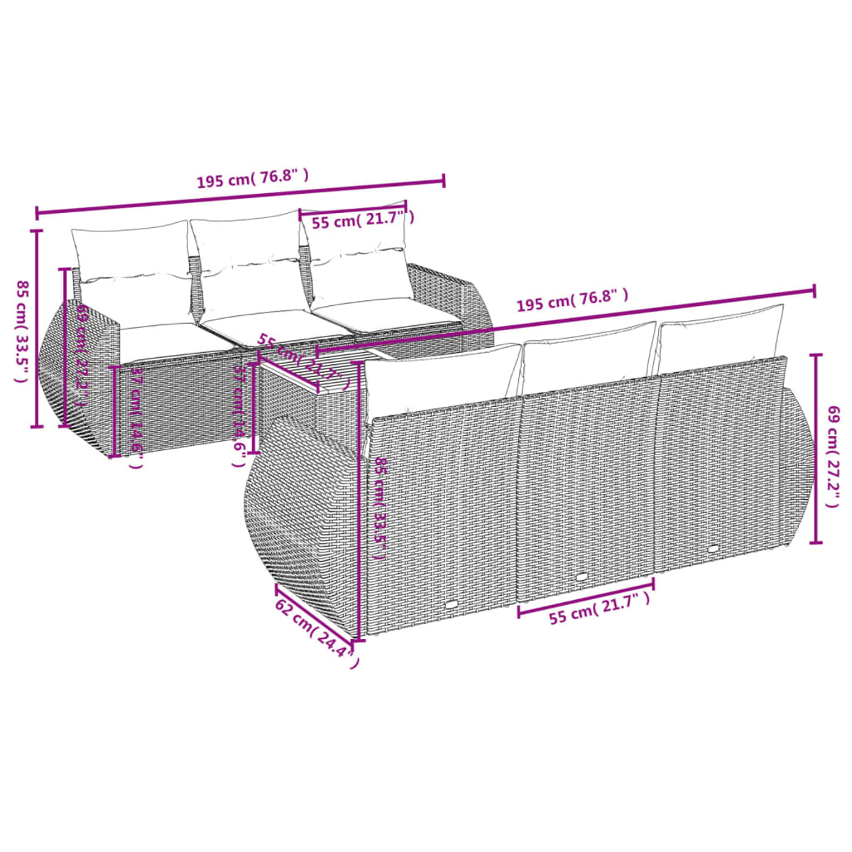 Ein geflochtenes Outdoor-Sofaset mit einem Zweisitzer und einem Dreisitzer, mit weißen Kissen. Maße sind in cm und Zoll angegeben.