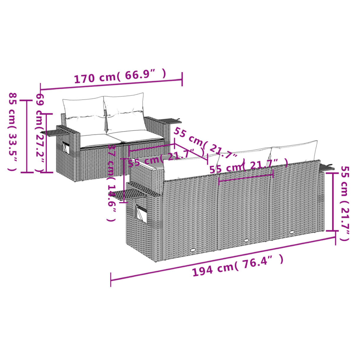 Geflecht-Gartenmöbel-Set mit Abmessungen. Enthält ein Zweisitzer-Sofa und ein Dreisitzer-Sofa mit weißen Kissen.