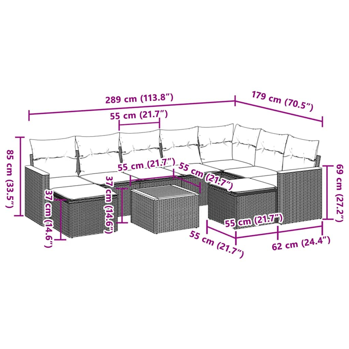Ein Outdoor-Wicker-Ecksofa mit überlagerten Maßen. Es hat Kissen, einen Couchtisch und ist mit Abmessungen versehen.