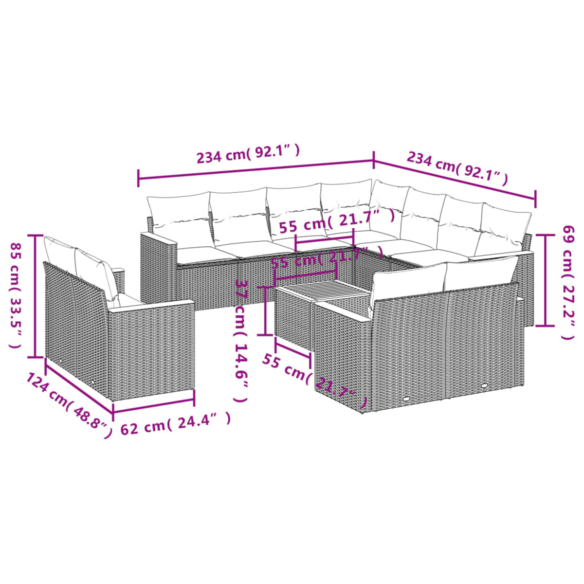 Ein Diagramm zeigt ein Outdoor-Möbelset aus Rattan, bestehend aus einem Ecksofa, einem Sessel und einem Couchtisch, mit Abmessungen.