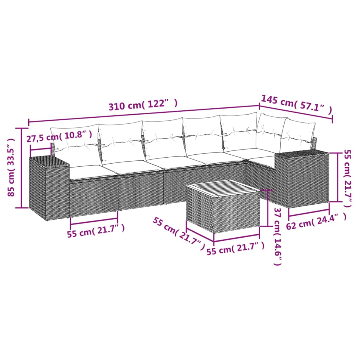 Ein Diagramm zeigt ein Ecksofa für den Außenbereich und einen kleinen Tisch mit Maßangaben. Das Sofa hat Kissen, und der Tisch ist quadratisch.