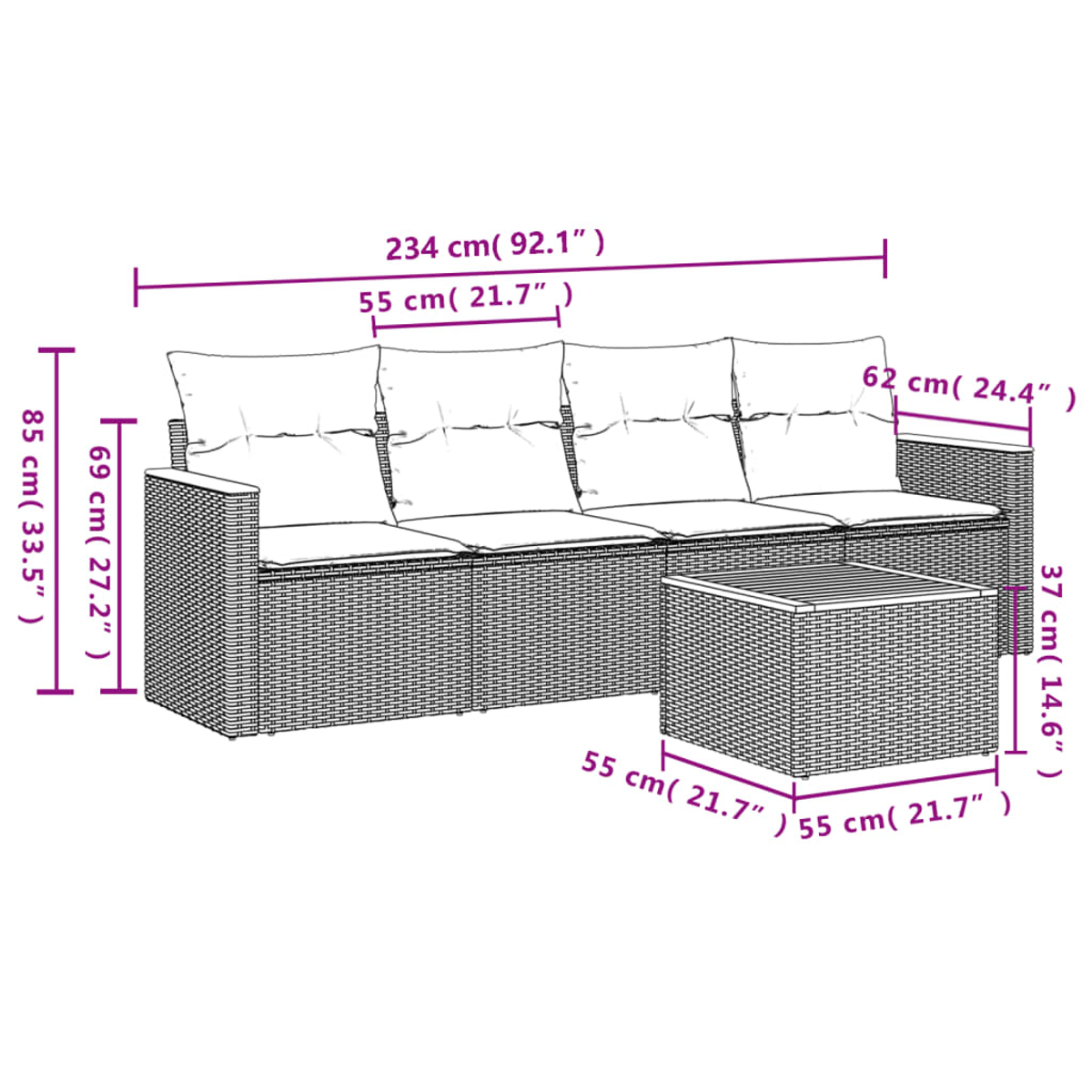 Ein Korbmöbel-Set mit Sofa und Tisch. Maße sind angegeben. Das Sofa hat Kissen. Der Tisch steht daneben.