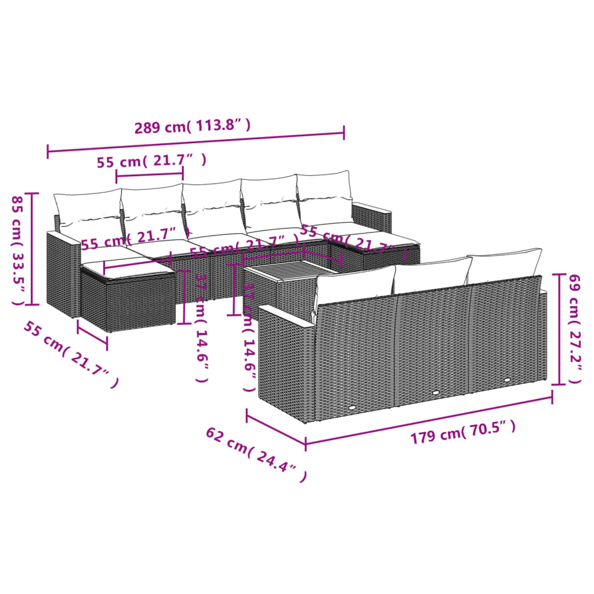 Outdoor-Rattansofa-Set mit beschrifteten Abmessungen. Enthält ein 4-Sitzer-Sofa, ein 2-Sitzer-Sofa und einen Beistelltisch.