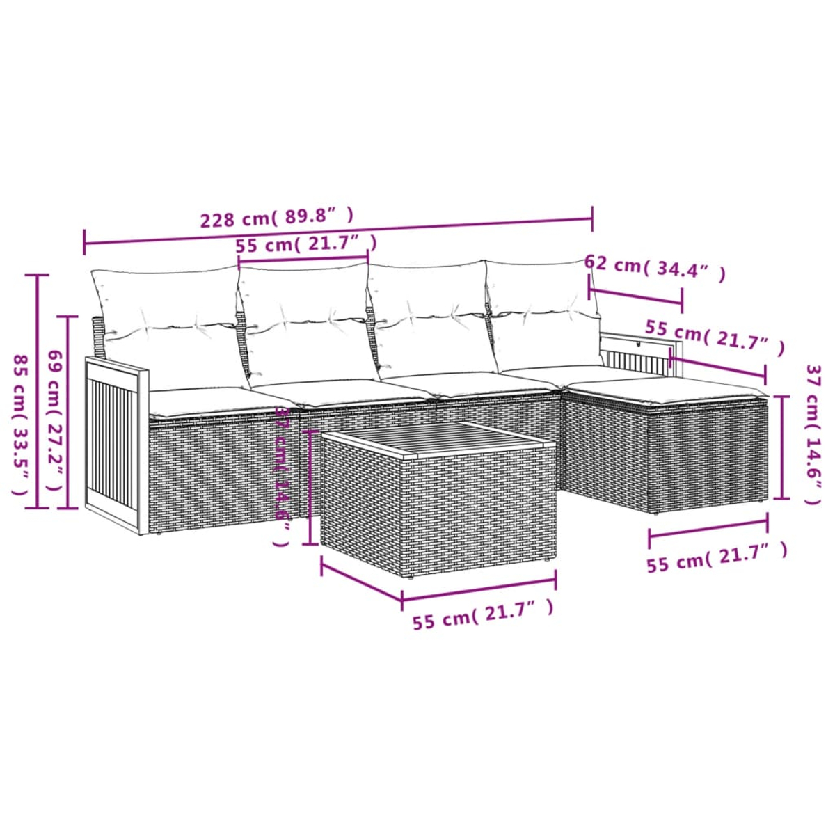 Garten-Korbsessel-Set mit Abmessungen. Das Set umfasst ein Sofa, eine Ottomane und einen Tisch. Maße sind in cm und Zoll angegeben.