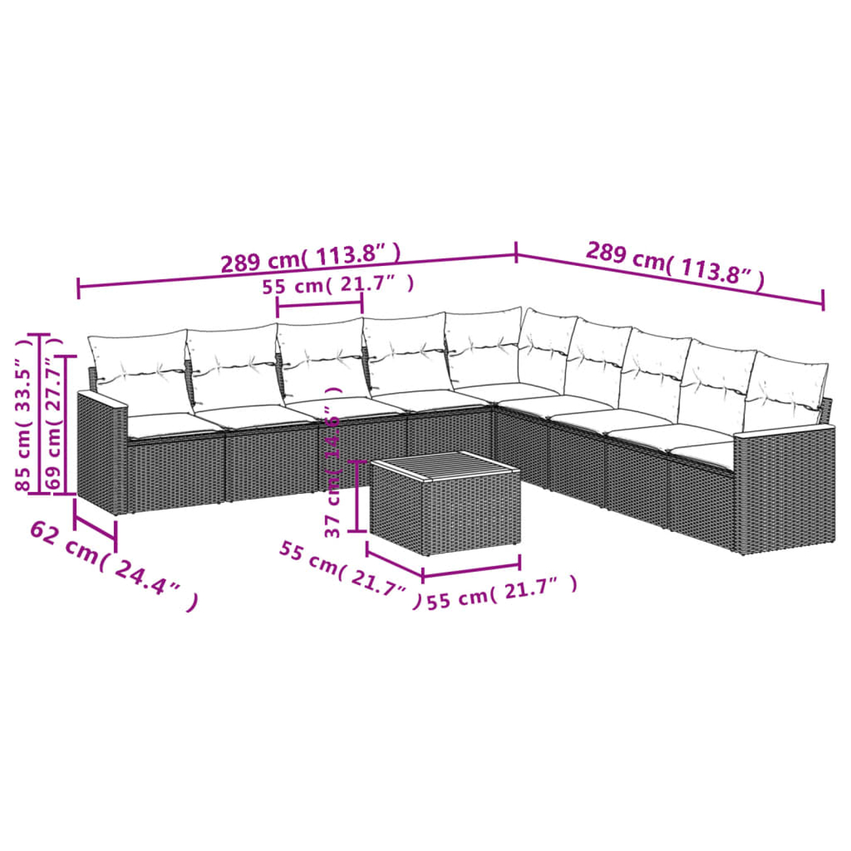 Ein großes, graues Rattan-Ecksofa mit weißen Kissen und einem kleinen quadratischen Tisch. Maße in Zentimetern angegeben.
