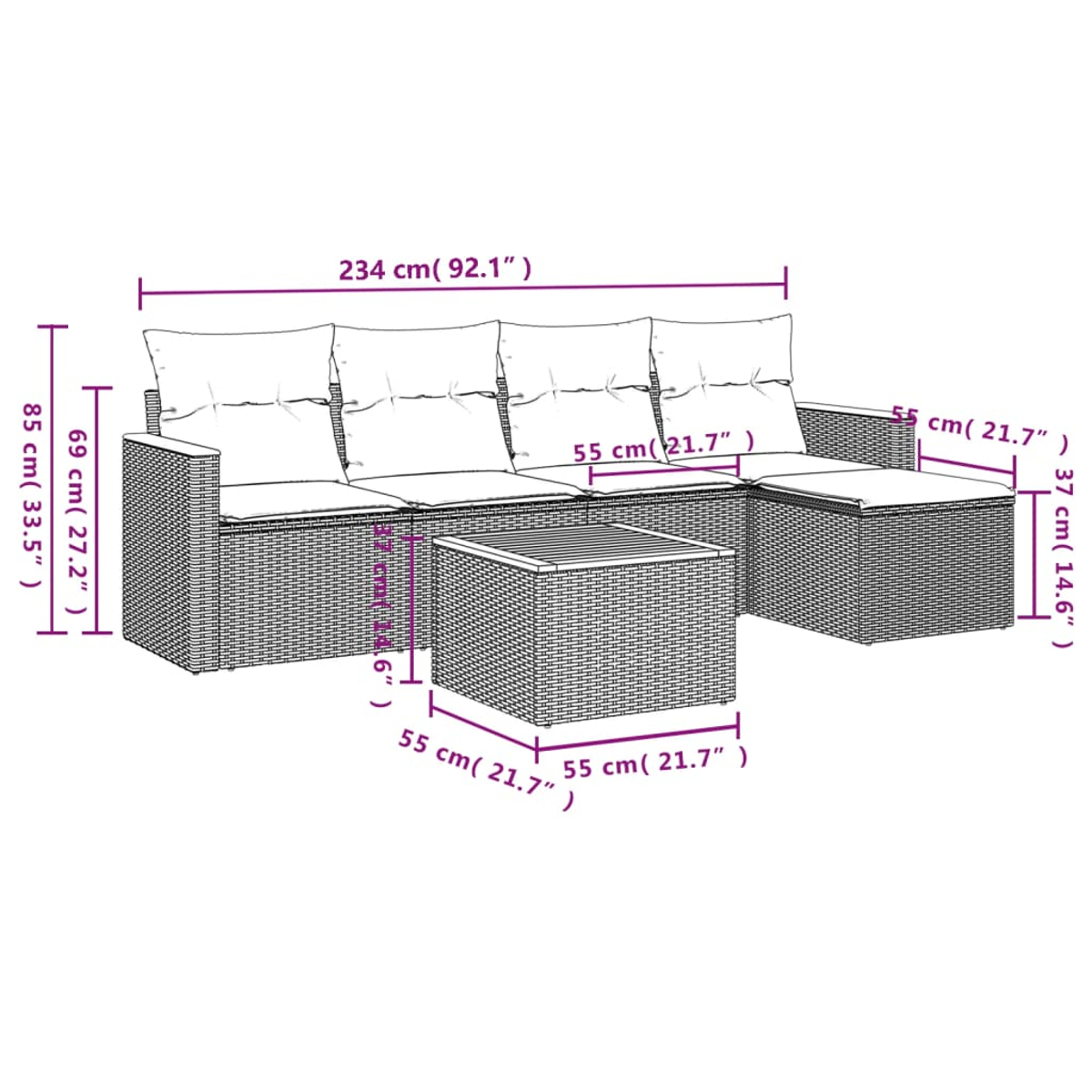 Ein Outdoor-Rattan-Sofaset mit Maßangaben. Es umfasst ein Dreisitzer-Sofa, eine Ottomane und einen quadratischen Couchtisch.
