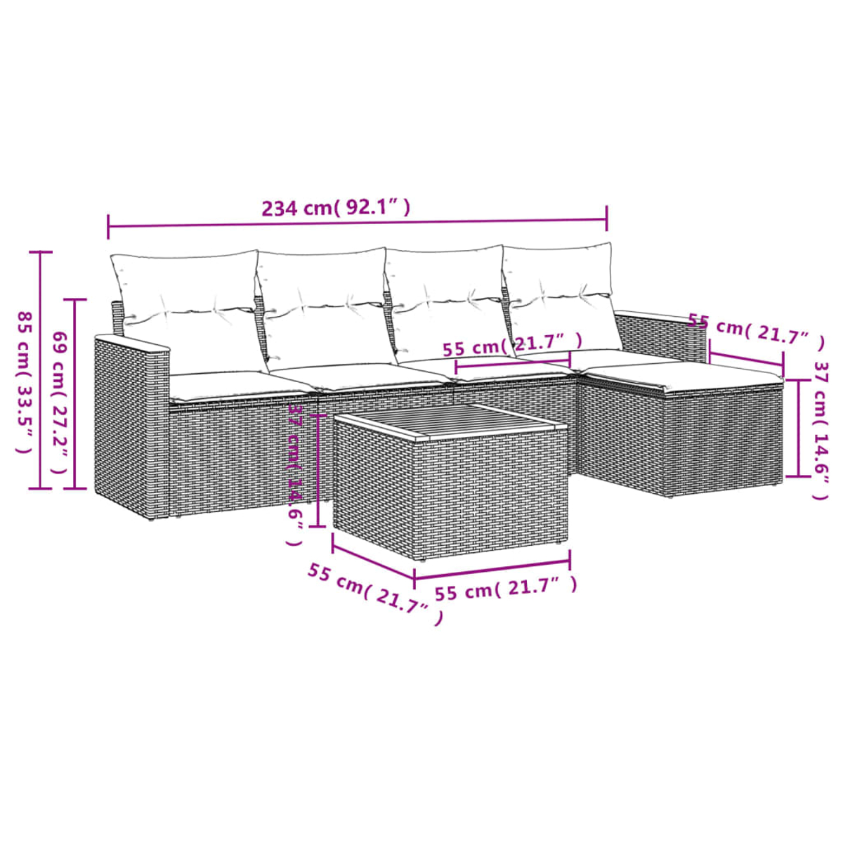 Ein Outdoor-Sofa aus Korbgeflecht mit beschrifteten Abmessungen. Es hat Kissen und einen passenden Couchtisch, alles auf weißem Hintergrund.